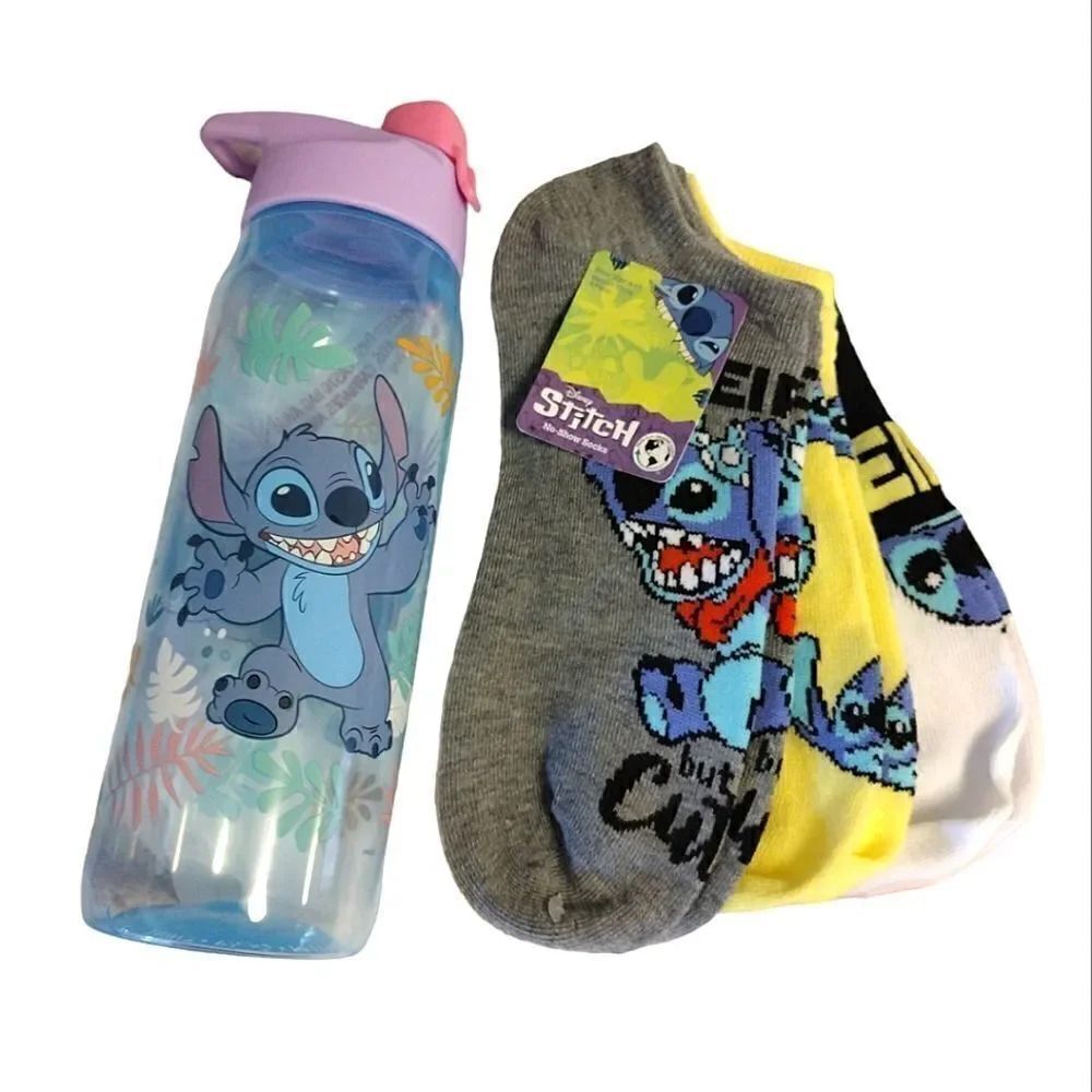 Disney STITCH Colorful Water Bottle and 3 Pairs No Show Socks Bundle NWT